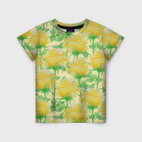 Детская футболка 3D с принтом Желтые розы на желтом фоне , 100% гипоаллергенный полиэфир | прямой крой, круглый вырез горловины, длина до линии бедер, чуть спущенное плечо, ткань немного тянется | 8 марта | flowers | summer | ботаническая иллюстрация | весна | желтый | зеленый | лето | листья | любовь | праздник | принт | природа | растения | розы | цветы