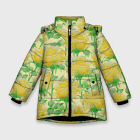 Зимняя куртка для девочек 3D с принтом Желтые розы на желтом фоне , ткань верха — 100% полиэстер; подклад — 100% полиэстер, утеплитель — 100% полиэстер. | длина ниже бедра, удлиненная спинка, воротник стойка и отстегивающийся капюшон. Есть боковые карманы с листочкой на кнопках, утяжки по низу изделия и внутренний карман на молнии. 

Предусмотрены светоотражающий принт на спинке, радужный светоотражающий элемент на пуллере молнии и на резинке для утяжки. | 8 марта | flowers | summer | ботаническая иллюстрация | весна | желтый | зеленый | лето | листья | любовь | праздник | принт | природа | растения | розы | цветы