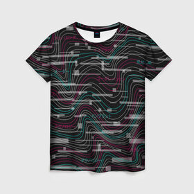 Женская футболка 3D с принтом Cyberpunk Waves , 100% полиэфир ( синтетическое хлопкоподобное полотно) | прямой крой, круглый вырез горловины, длина до линии бедер | cyberpunk | glitch | волны | глитч | киберпанк | узор | футуристичный