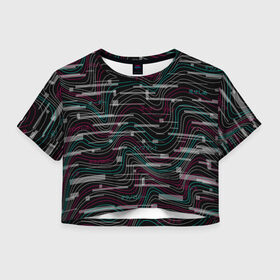 Женская футболка Crop-top 3D с принтом Cyberpunk Waves , 100% полиэстер | круглая горловина, длина футболки до линии талии, рукава с отворотами | cyberpunk | glitch | волны | глитч | киберпанк | узор | футуристичный