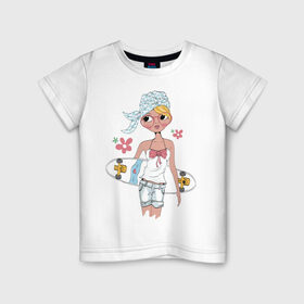 Детская футболка хлопок с принтом Мечтательная , 100% хлопок | круглый вырез горловины, полуприлегающий силуэт, длина до линии бедер | Тематика изображения на принте: tegunvteg | дама с собачкой | кошечка | силуэт | спорт