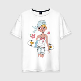 Женская футболка хлопок Oversize с принтом Мечтательная , 100% хлопок | свободный крой, круглый ворот, спущенный рукав, длина до линии бедер
 | tegunvteg | дама с собачкой | кошечка | силуэт | спорт