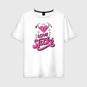Женская футболка хлопок Oversize с принтом Love sucks , 100% хлопок | свободный крой, круглый ворот, спущенный рукав, длина до линии бедер
 | 14 февраля | antivalentin | love | valentin | антивалентин | антивалентинка | день святого  валентина | купидон | любовь | подарок