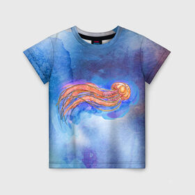 Детская футболка 3D с принтом Медуза акварелью , 100% гипоаллергенный полиэфир | прямой крой, круглый вырез горловины, длина до линии бедер, чуть спущенное плечо, ткань немного тянется | акварель | медуза | море | морская | океан | оранжевый | рисунок | синий