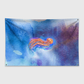 Флаг-баннер с принтом Медуза акварелью , 100% полиэстер | размер 67 х 109 см, плотность ткани — 95 г/м2; по краям флага есть четыре люверса для крепления | акварель | медуза | море | морская | океан | оранжевый | рисунок | синий