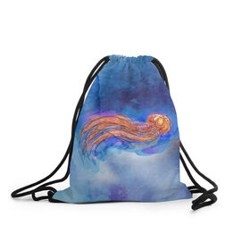 Рюкзак-мешок 3D с принтом Медуза акварелью , 100% полиэстер | плотность ткани — 200 г/м2, размер — 35 х 45 см; лямки — толстые шнурки, застежка на шнуровке, без карманов и подкладки | акварель | медуза | море | морская | океан | оранжевый | рисунок | синий