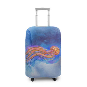 Чехол для чемодана 3D с принтом Медуза акварелью , 86% полиэфир, 14% спандекс | двустороннее нанесение принта, прорези для ручек и колес | акварель | медуза | море | морская | океан | оранжевый | рисунок | синий