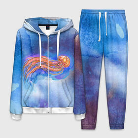 Мужской костюм 3D с принтом Медуза акварелью , 100% полиэстер | Манжеты и пояс оформлены тканевой резинкой, двухслойный капюшон со шнурком для регулировки, карманы спереди | акварель | медуза | море | морская | океан | оранжевый | рисунок | синий