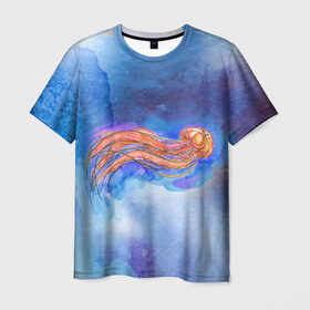 Мужская футболка 3D с принтом Медуза акварелью , 100% полиэфир | прямой крой, круглый вырез горловины, длина до линии бедер | акварель | медуза | море | морская | океан | оранжевый | рисунок | синий