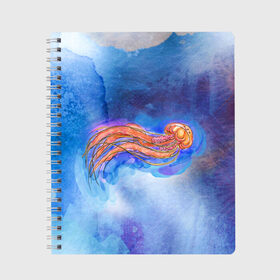 Тетрадь с принтом Медуза акварелью , 100% бумага | 48 листов, плотность листов — 60 г/м2, плотность картонной обложки — 250 г/м2. Листы скреплены сбоку удобной пружинной спиралью. Уголки страниц и обложки скругленные. Цвет линий — светло-серый
 | Тематика изображения на принте: акварель | медуза | море | морская | океан | оранжевый | рисунок | синий