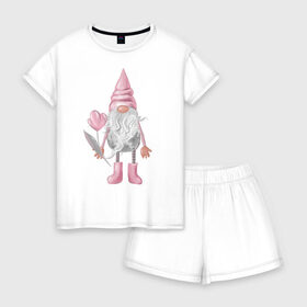 Женская пижама с шортиками хлопок с принтом Гномик седой с цветочком , 100% хлопок | футболка прямого кроя, шорты свободные с широкой мягкой резинкой | 