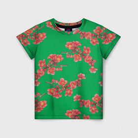 Детская футболка 3D с принтом Цветы айвы на зеленом фоне , 100% гипоаллергенный полиэфир | прямой крой, круглый вырез горловины, длина до линии бедер, чуть спущенное плечо, ткань немного тянется | 8 марта | flowers | summer | айва | ботаническая иллюстрация | весна | ветки | зеленый | коричневый | красный | лето | любовь | праздник | принт | природа | растения | цветы