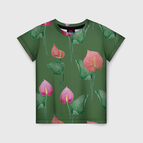 Детская футболка 3D с принтом Антуриумы на зеленом фоне , 100% гипоаллергенный полиэфир | прямой крой, круглый вырез горловины, длина до линии бедер, чуть спущенное плечо, ткань немного тянется | 8 марта | flowers | summer | антуриумы | ботаническая иллюстрация | весна | зеленый | красный | лето | любовь | праздник | принт | природа | растения | розовый | цветы