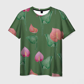 Мужская футболка 3D с принтом Антуриумы на зеленом фоне , 100% полиэфир | прямой крой, круглый вырез горловины, длина до линии бедер | 8 марта | flowers | summer | антуриумы | ботаническая иллюстрация | весна | зеленый | красный | лето | любовь | праздник | принт | природа | растения | розовый | цветы