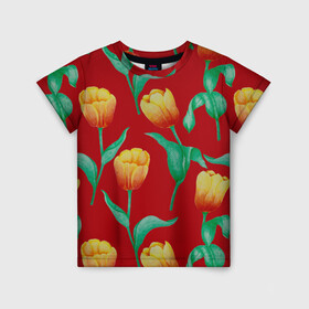 Детская футболка 3D с принтом Тюльпаны на красном фоне , 100% гипоаллергенный полиэфир | прямой крой, круглый вырез горловины, длина до линии бедер, чуть спущенное плечо, ткань немного тянется | 8 марта | flowers | summer | ботаническая иллюстрация | весна | желтый | зеленый | красный | лето | любовь | праздник | принт | природа | растения | тюльпаны | цветы