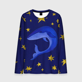 Мужской лонгслив 3D с принтом Звездный кит , 100% полиэстер | длинные рукава, круглый вырез горловины, полуприлегающий силуэт | звезды | золотые | кит | ночное небо | синий | созвездие