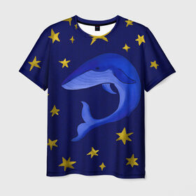 Мужская футболка 3D с принтом Звездный кит , 100% полиэфир | прямой крой, круглый вырез горловины, длина до линии бедер | звезды | золотые | кит | ночное небо | синий | созвездие