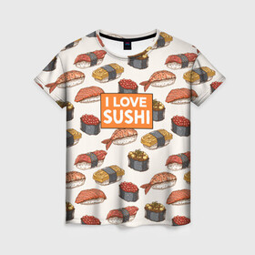 Женская футболка 3D с принтом I love sushi Я люблю суши , 100% полиэфир ( синтетическое хлопкоподобное полотно) | прямой крой, круглый вырез горловины, длина до линии бедер | Тематика изображения на принте: japan | japanese | виды суши | гункан | гунканы | икра | красная икра | красная рыба | креветка | лосось | маки | нигири | омлет | паттерн | ролл | роллы | сашими | суси | узор | фастфуд | форель | футомаки