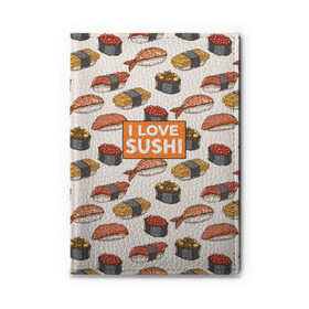 Обложка для автодокументов с принтом I love sushi Я люблю суши , натуральная кожа |  размер 19,9*13 см; внутри 4 больших “конверта” для документов и один маленький отдел — туда идеально встанут права | japan | japanese | виды суши | гункан | гунканы | икра | красная икра | красная рыба | креветка | лосось | маки | нигири | омлет | паттерн | ролл | роллы | сашими | суси | узор | фастфуд | форель | футомаки
