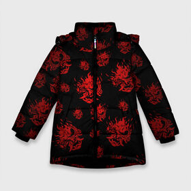 Зимняя куртка для девочек 3D с принтом RED SAMURAI PATTERN , ткань верха — 100% полиэстер; подклад — 100% полиэстер, утеплитель — 100% полиэстер. | длина ниже бедра, удлиненная спинка, воротник стойка и отстегивающийся капюшон. Есть боковые карманы с листочкой на кнопках, утяжки по низу изделия и внутренний карман на молнии. 

Предусмотрены светоотражающий принт на спинке, радужный светоотражающий элемент на пуллере молнии и на резинке для утяжки. | 2019 | cd project red | cyberpunk 2077 | cyberpunk fashion | hacker | keanu reeves | maelstrom | militech | night city | quadra | samurai | samurai cyberpunk 2077 | sci fi | trauma team | v | ви | киану ривз | киберпанк 2077 | логотип | роботы | 