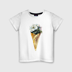 Детская футболка хлопок с принтом Мороженко , 100% хлопок | круглый вырез горловины, полуприлегающий силуэт, длина до линии бедер | акварель | букет | мороженое | цветы