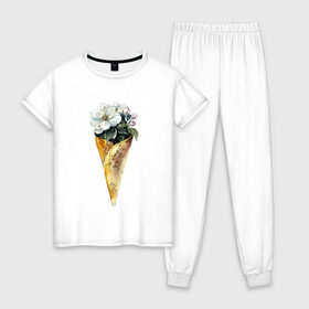 Женская пижама хлопок с принтом Мороженко , 100% хлопок | брюки и футболка прямого кроя, без карманов, на брюках мягкая резинка на поясе и по низу штанин | акварель | букет | мороженое | цветы