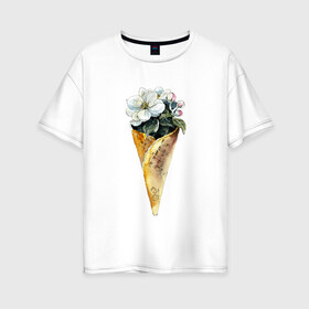 Женская футболка хлопок Oversize с принтом Мороженко , 100% хлопок | свободный крой, круглый ворот, спущенный рукав, длина до линии бедер
 | акварель | букет | мороженое | цветы