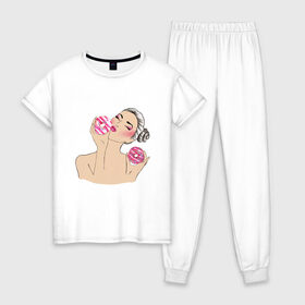 Женская пижама хлопок с принтом Моя любовь-пончики , 100% хлопок | брюки и футболка прямого кроя, без карманов, на брюках мягкая резинка на поясе и по низу штанин | вкусно | девушка | пончик | сладости