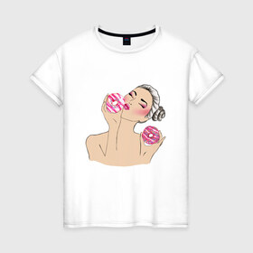 Женская футболка хлопок с принтом Моя любовь-пончики , 100% хлопок | прямой крой, круглый вырез горловины, длина до линии бедер, слегка спущенное плечо | вкусно | девушка | пончик | сладости