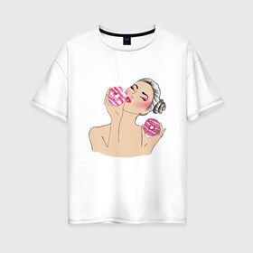 Женская футболка хлопок Oversize с принтом Моя любовь-пончики , 100% хлопок | свободный крой, круглый ворот, спущенный рукав, длина до линии бедер
 | вкусно | девушка | пончик | сладости