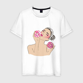 Мужская футболка хлопок с принтом Моя любовь-пончики , 100% хлопок | прямой крой, круглый вырез горловины, длина до линии бедер, слегка спущенное плечо. | вкусно | девушка | пончик | сладости