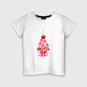 Детская футболка хлопок с принтом Капкейк , 100% хлопок | круглый вырез горловины, полуприлегающий силуэт, длина до линии бедер | вишенка | к чаю | кекс | крем