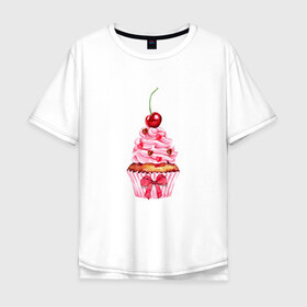 Мужская футболка хлопок Oversize с принтом Капкейк , 100% хлопок | свободный крой, круглый ворот, “спинка” длиннее передней части | Тематика изображения на принте: вишенка | к чаю | кекс | крем