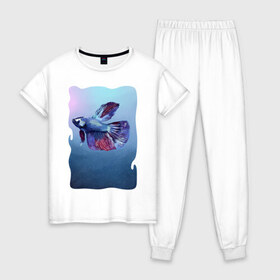 Женская пижама хлопок с принтом Рыбка , 100% хлопок | брюки и футболка прямого кроя, без карманов, на брюках мягкая резинка на поясе и по низу штанин | tegunvteg | акварель | аквариумнаярыбка | вода | петушок | рыбка