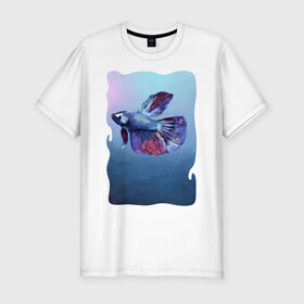 Мужская футболка хлопок Slim с принтом Рыбка , 92% хлопок, 8% лайкра | приталенный силуэт, круглый вырез ворота, длина до линии бедра, короткий рукав | tegunvteg | акварель | аквариумнаярыбка | вода | петушок | рыбка