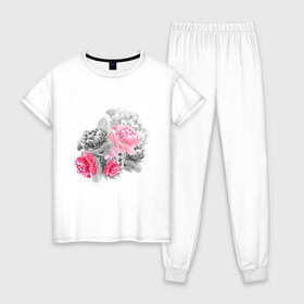 Женская пижама хлопок с принтом Букет , 100% хлопок | брюки и футболка прямого кроя, без карманов, на брюках мягкая резинка на поясе и по низу штанин | акварель | девушка | нежность | пионы | цветы