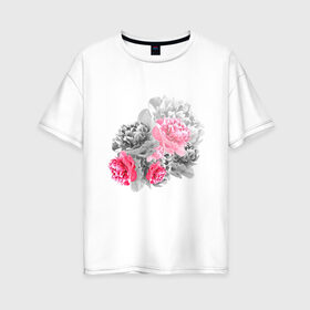 Женская футболка хлопок Oversize с принтом Букет , 100% хлопок | свободный крой, круглый ворот, спущенный рукав, длина до линии бедер
 | акварель | девушка | нежность | пионы | цветы