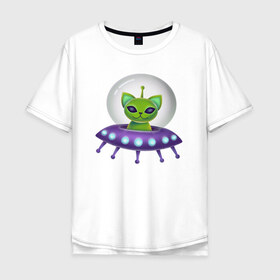 Мужская футболка хлопок Oversize с принтом Инопланетный кот , 100% хлопок | свободный крой, круглый ворот, “спинка” длиннее передней части | neon | space | вселенная | звезды | зеленые человечки | инопланетяне | космос | кот | неон | нло | огни | тарелка