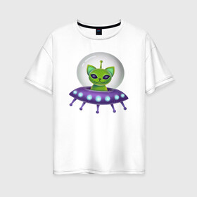 Женская футболка хлопок Oversize с принтом Инопланетный кот , 100% хлопок | свободный крой, круглый ворот, спущенный рукав, длина до линии бедер
 | neon | space | вселенная | звезды | зеленые человечки | инопланетяне | космос | кот | неон | нло | огни | тарелка