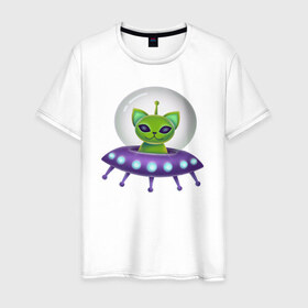 Мужская футболка хлопок с принтом Инопланетный кот , 100% хлопок | прямой крой, круглый вырез горловины, длина до линии бедер, слегка спущенное плечо. | neon | space | вселенная | звезды | зеленые человечки | инопланетяне | космос | кот | неон | нло | огни | тарелка