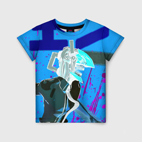 Детская футболка 3D с принтом Человек-Бензопила на голубом фоне , 100% гипоаллергенный полиэфир | прямой крой, круглый вырез горловины, длина до линии бедер, чуть спущенное плечо, ткань немного тянется | Тематика изображения на принте: anime | chainsaw man | denji | makima | manga | power | аниме | бим | денджи | дьявол бесконечности | кишибэ | летучая мышь | манга | пауэр | хаякава аки | химено | человек бензопила