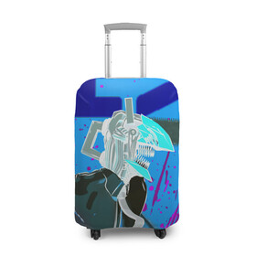 Чехол для чемодана 3D с принтом Человек-Бензопила на голубом фоне , 86% полиэфир, 14% спандекс | двустороннее нанесение принта, прорези для ручек и колес | anime | chainsaw man | denji | makima | manga | power | аниме | бим | денджи | дьявол бесконечности | кишибэ | летучая мышь | манга | пауэр | хаякава аки | химено | человек бензопила
