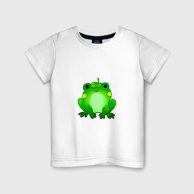 Детская футболка хлопок с принтом Жаба с листиком , 100% хлопок | круглый вырез горловины, полуприлегающий силуэт, длина до линии бедер | жаба | зеленая | лягуха | лягушка | милая | с листочком