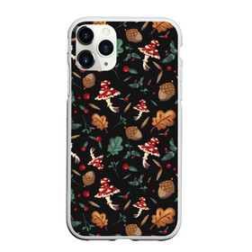 Чехол для iPhone 11 Pro Max матовый с принтом Лесной принт с мухоморами , Силикон |  | Тематика изображения на принте: грибы | желуди | лесной | листья | мухоморы | узор | черный