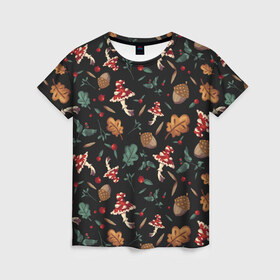 Женская футболка 3D с принтом Лесной принт с мухоморами , 100% полиэфир ( синтетическое хлопкоподобное полотно) | прямой крой, круглый вырез горловины, длина до линии бедер | грибы | желуди | лесной | листья | мухоморы | узор | черный
