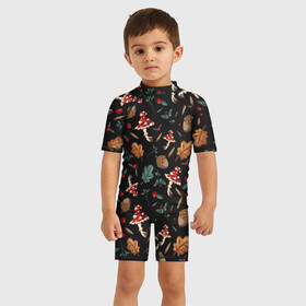 Детский купальный костюм 3D с принтом Лесной принт с мухоморами , Полиэстер 85%, Спандекс 15% | застежка на молнии на спине | грибы | желуди | лесной | листья | мухоморы | узор | черный