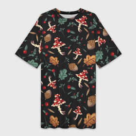 Платье-футболка 3D с принтом Лесной принт с мухоморами ,  |  | Тематика изображения на принте: грибы | желуди | лесной | листья | мухоморы | узор | черный