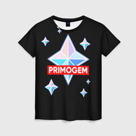 Женская футболка 3D с принтом PRIMOGEM , 100% полиэфир ( синтетическое хлопкоподобное полотно) | прямой крой, круглый вырез горловины, длина до линии бедер | genshin | genshin impact | legendary | primogem | roll | геншин | геншин импакт | молитва | примогем | хочу верить
