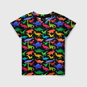 Детская футболка 3D с принтом Яркие динозавры , 100% гипоаллергенный полиэфир | прямой крой, круглый вырез горловины, длина до линии бедер, чуть спущенное плечо, ткань немного тянется | дино | динозавры | диносы | разноцветные | хищные | цветные | юрский период