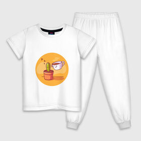 Детская пижама хлопок с принтом Кофе и Кактус , 100% хлопок |  брюки и футболка прямого кроя, без карманов, на брюках мягкая резинка на поясе и по низу штанин
 | кактус | кофе | мило | спит